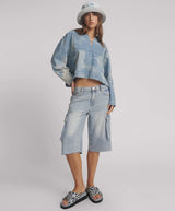 One Teaspoon - Skater Girl Low Wast Long Leg Shorts - Soft Blue