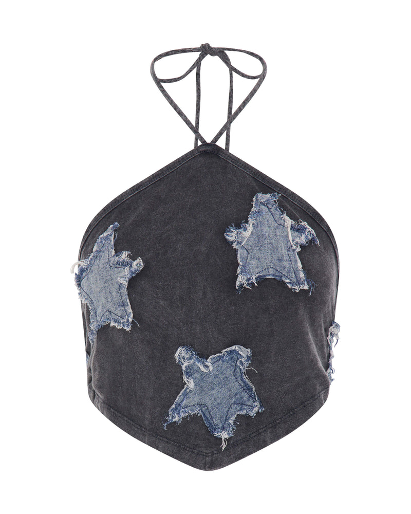 One Teaspoon - Applique Star Halter Crop Top - Washed Black
