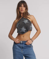One Teaspoon - Applique Star Halter Crop Top - Washed Black