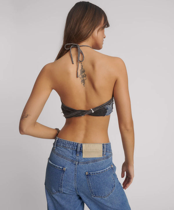 One Teaspoon - Applique Star Halter Crop Top - Washed Black