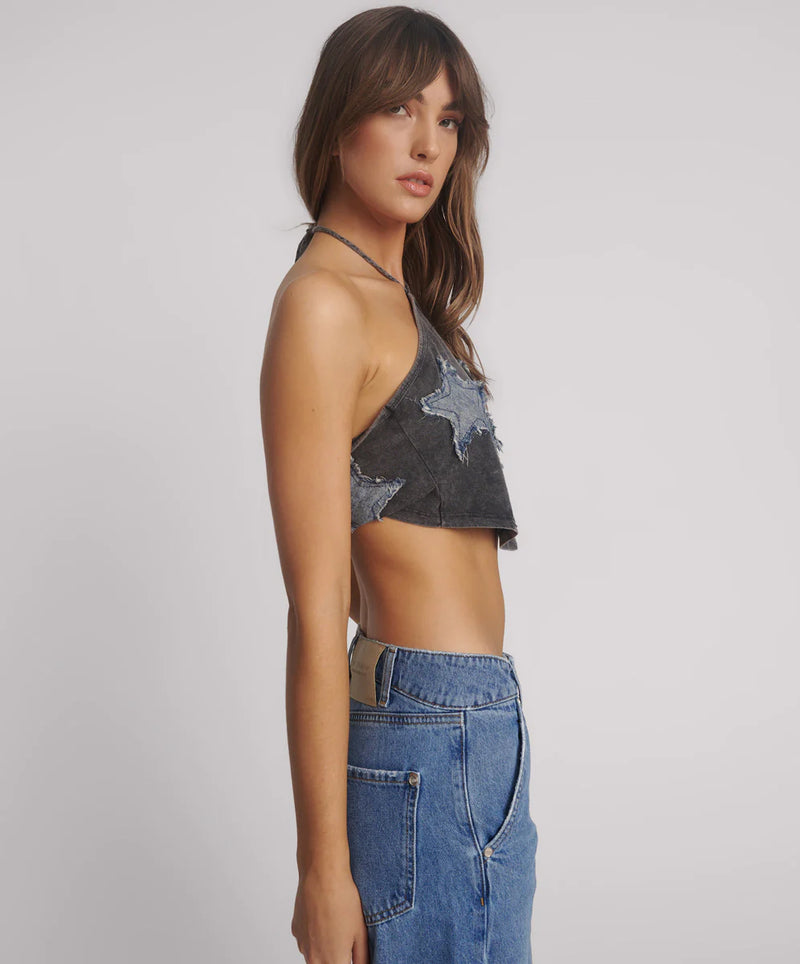 One Teaspoon - Applique Star Halter Crop Top - Washed Black