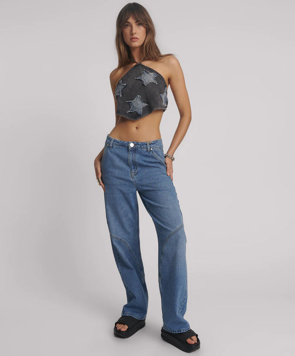 One Teaspoon - Applique Star Halter Crop Top - Washed Black