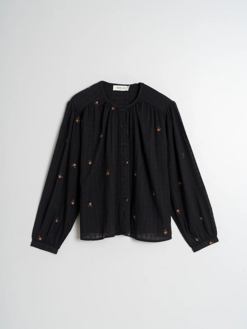 Indi & Cold Embroidered Gauze Raglan Shirt Black