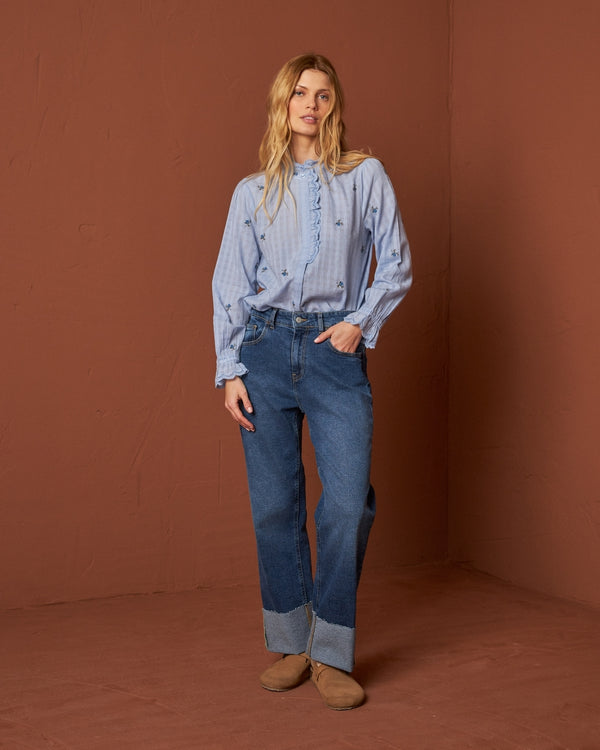 Indi & Cold Embroidered Gauze Shirt Ruffles