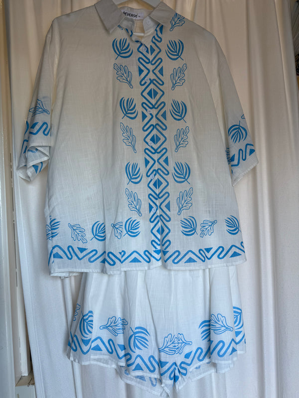 Reverse clothing Blue & White palm button up set