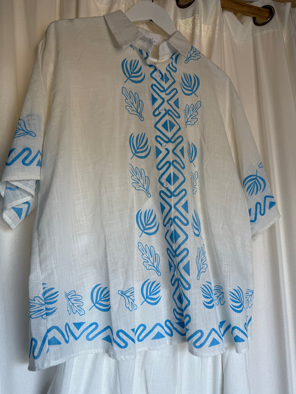 Reverse clothing Blue & White palm button up set