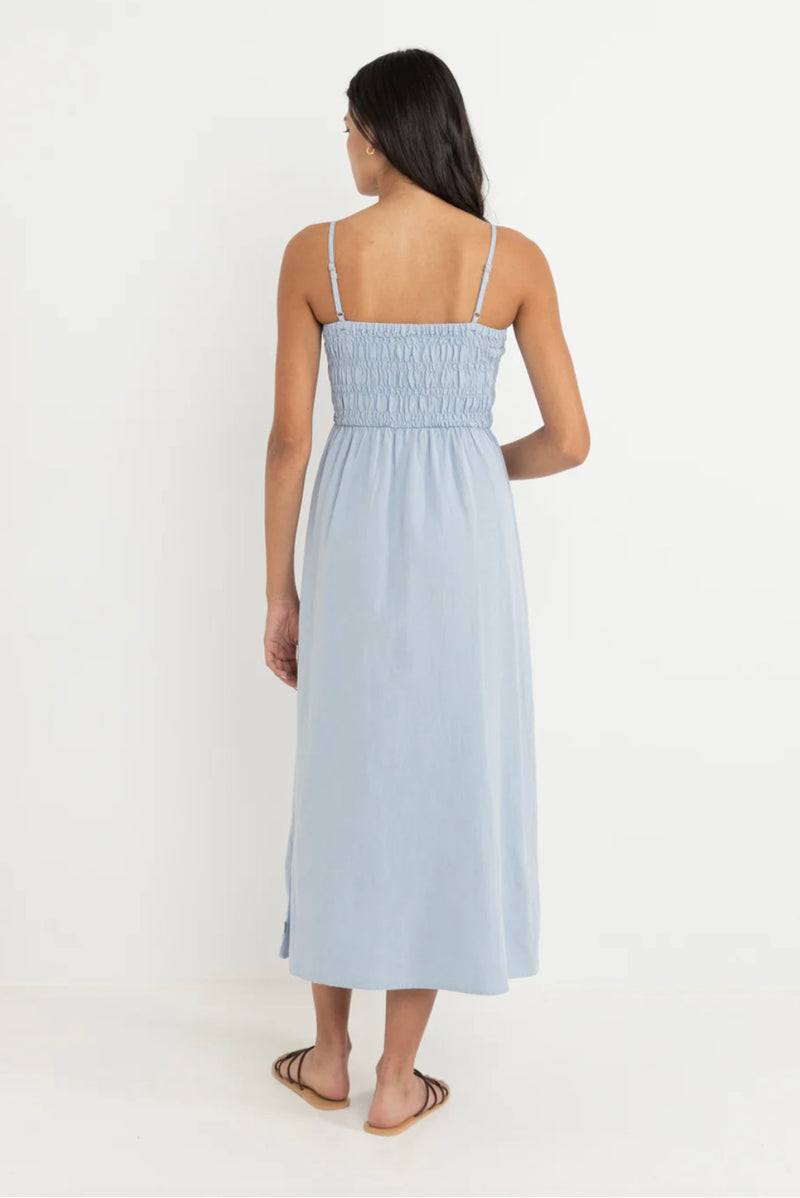 Rhythm Classic Shirred Midi Dress Blue