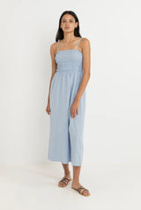 Rhythm Classic Shirred Midi Dress Blue