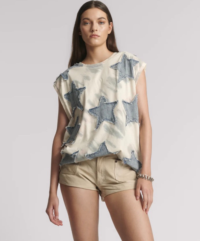 One Teaspoon - Denim Star Tie Dye Oversized Tank Top - Ivory / Blue