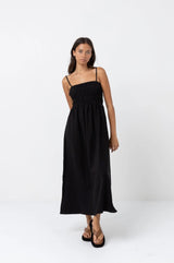 Rhythm Classic Shirred Midi Dress Black