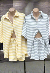 By Frankie Yellow and Blue cotton tops and short sets stripe on manniquin