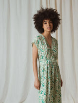 Indi & Cold Eli Bougainvillea false wrap front dress Aloe